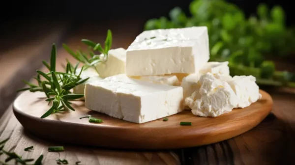 photo Des blocs de feta fraîche sont exposés sur une planche en bois, entourés de romarin aromatique et de morceaux émiettés, le tout sur un fond rustique.