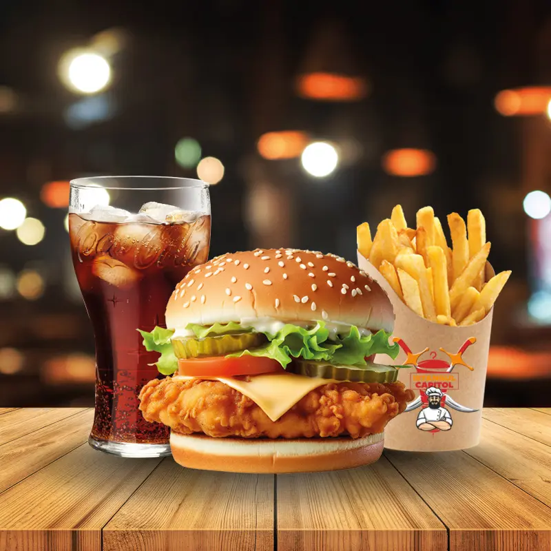 Photo menu chicken burger avec frites et boisson