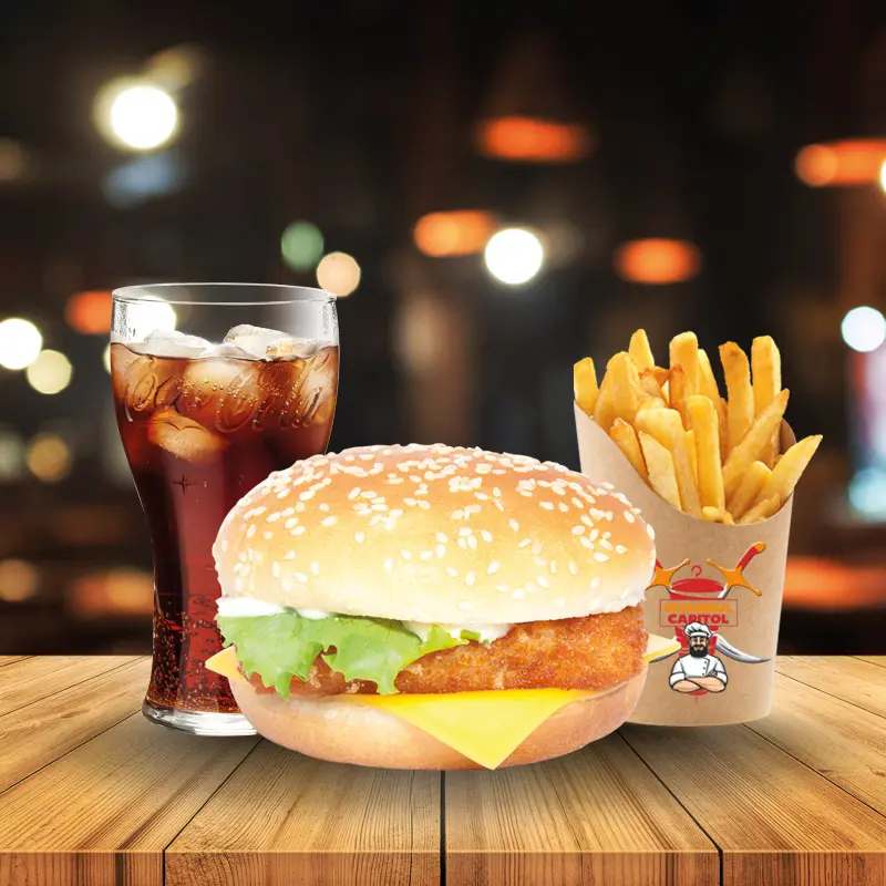 Photo menu fish burger avec frites et boisson